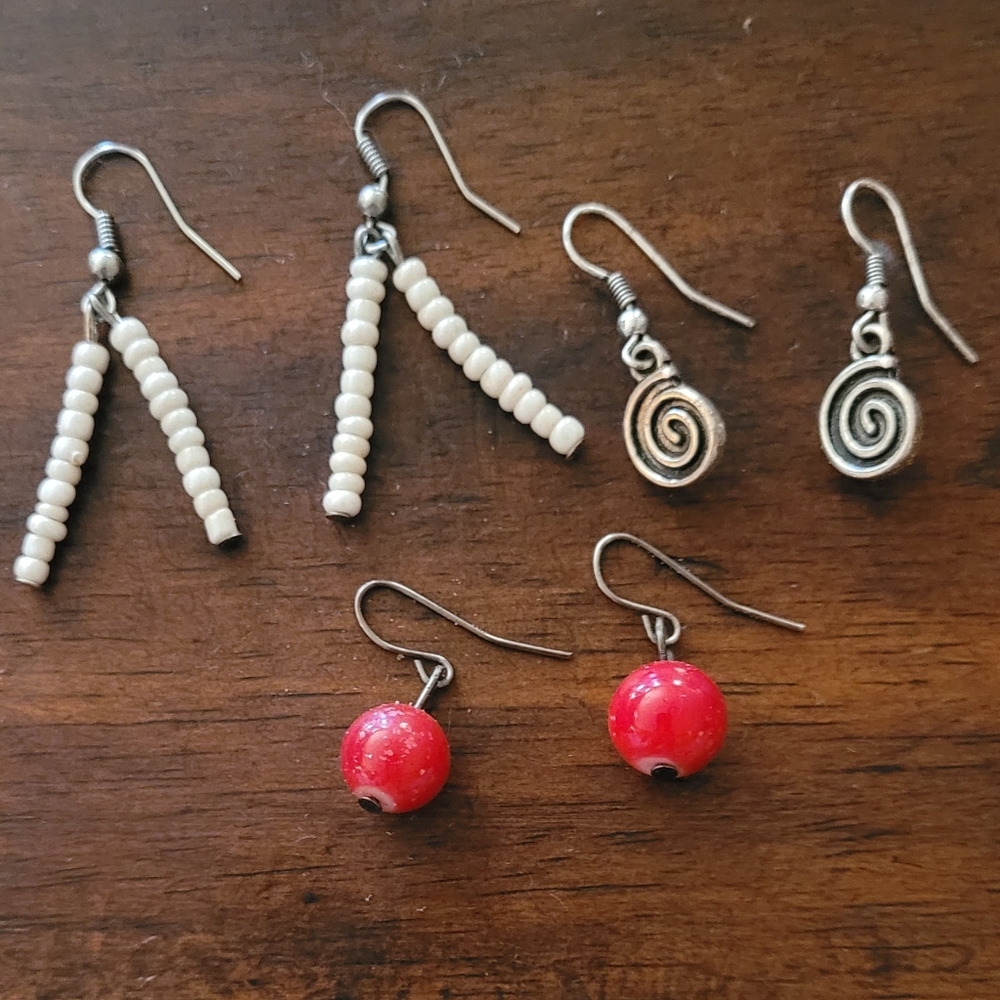 Silver Swirl, Red, And White Beaded Earrings- Random Set Of 3